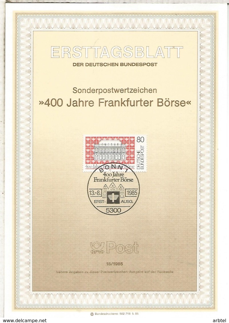 ALEMANIA DOCUMENTO PRIMER DIA FDC BONN 400 AÑOS BOLSA FRANKFURT STOCK EXCHANGE - Otros & Sin Clasificación