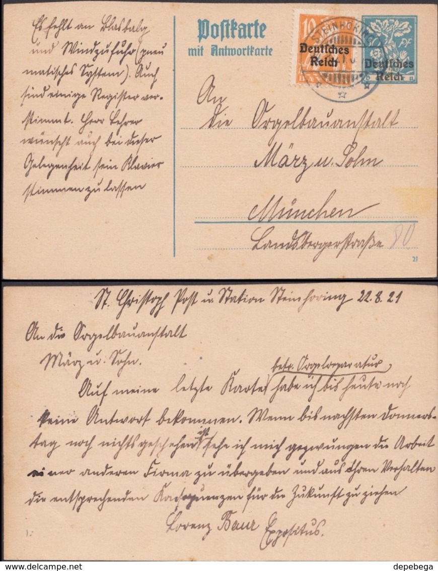 Germany - Postal Stationery, Steinhöring 22.8.1921 -München. GA - Postkarte MiNr. P130F-II. - Sonstige & Ohne Zuordnung