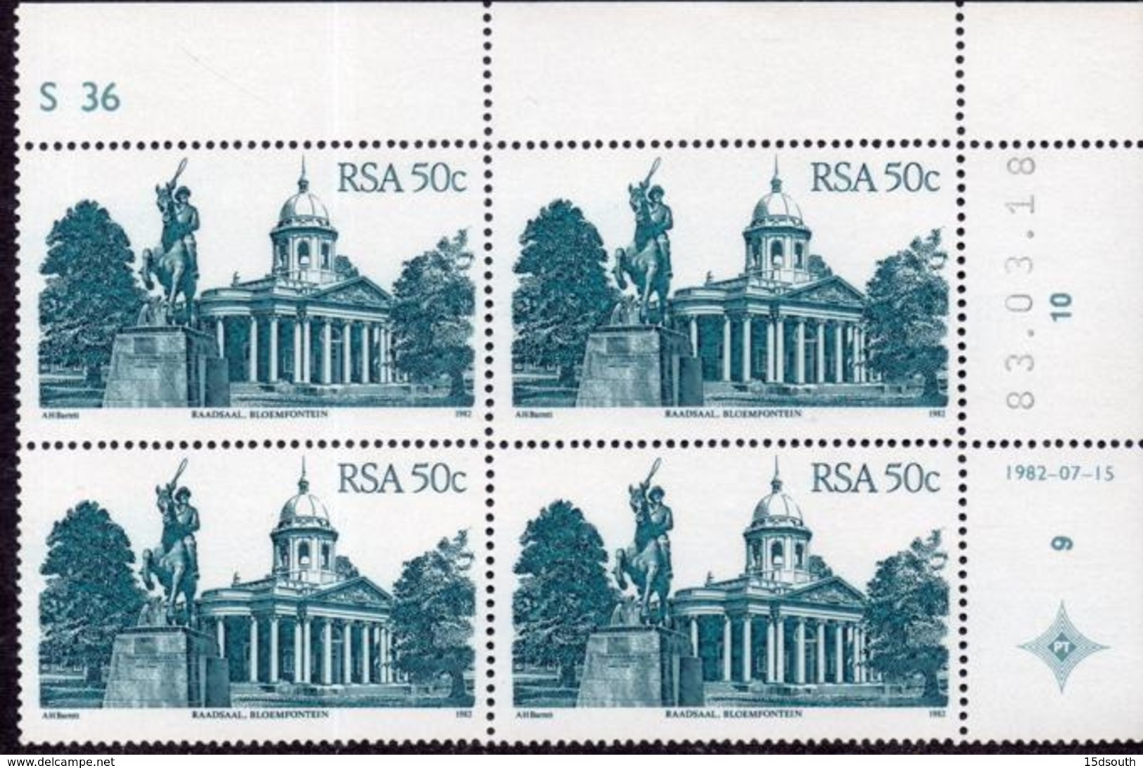 South Africa - 1982 Architecture Definitive 50c Control Block S36 83.03.18 (**) # SG 525 , Mi 615II I - Blocks & Sheetlets