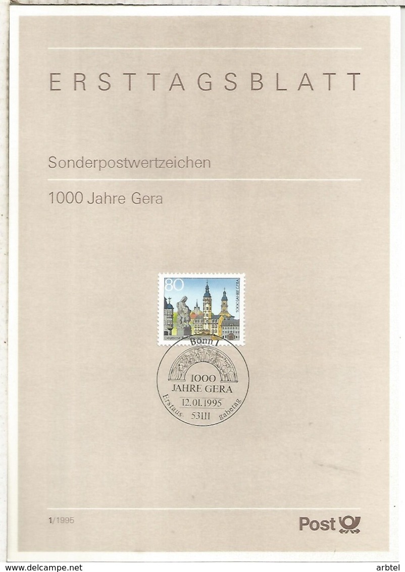 ALEMANIA DOCUMENTO PRIMER DIA FDC BONN 1000 JAHRE GERA ARQUITECTURA - Monumentos