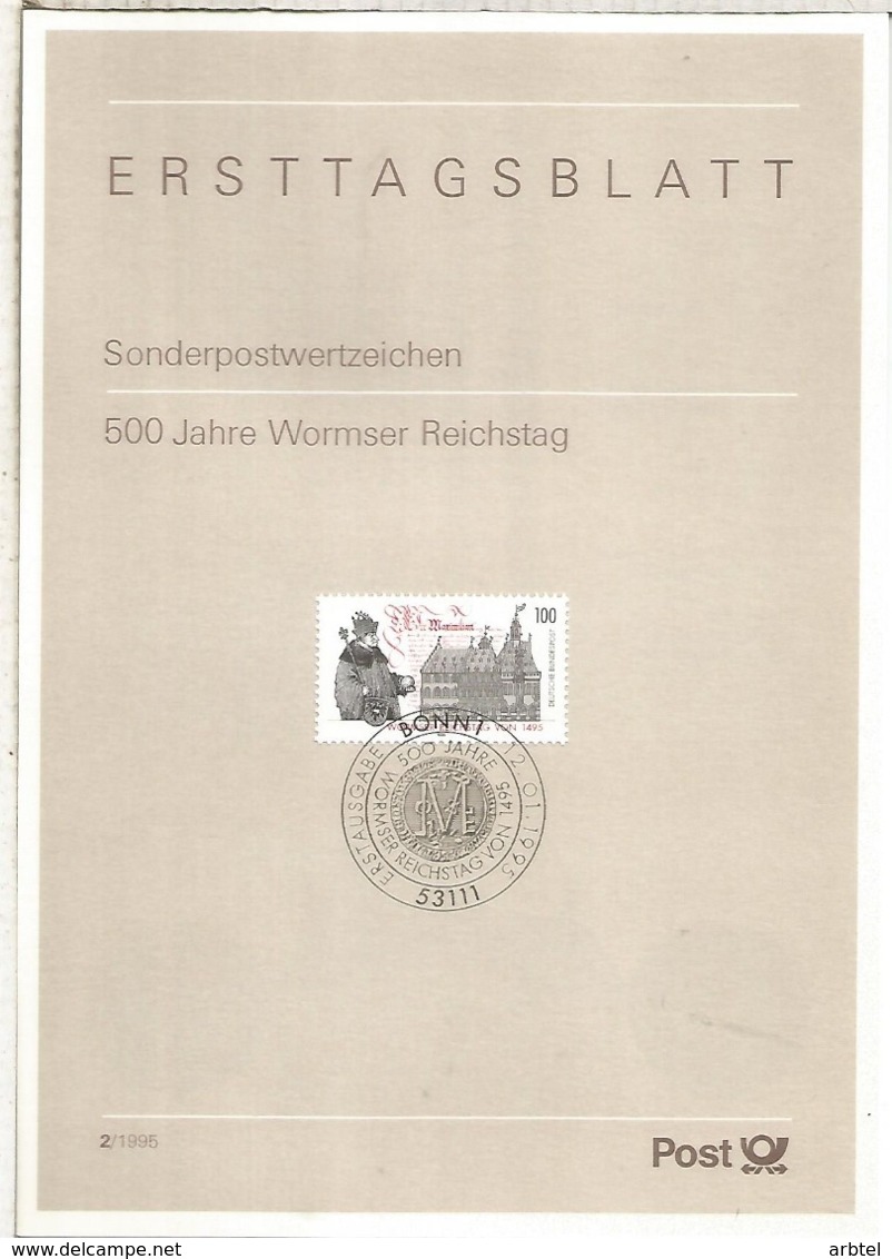 ALEMANIA DOCUMENTO PRIMER DIA FDC BONN WORMSER REICHSTAG - Monumenti