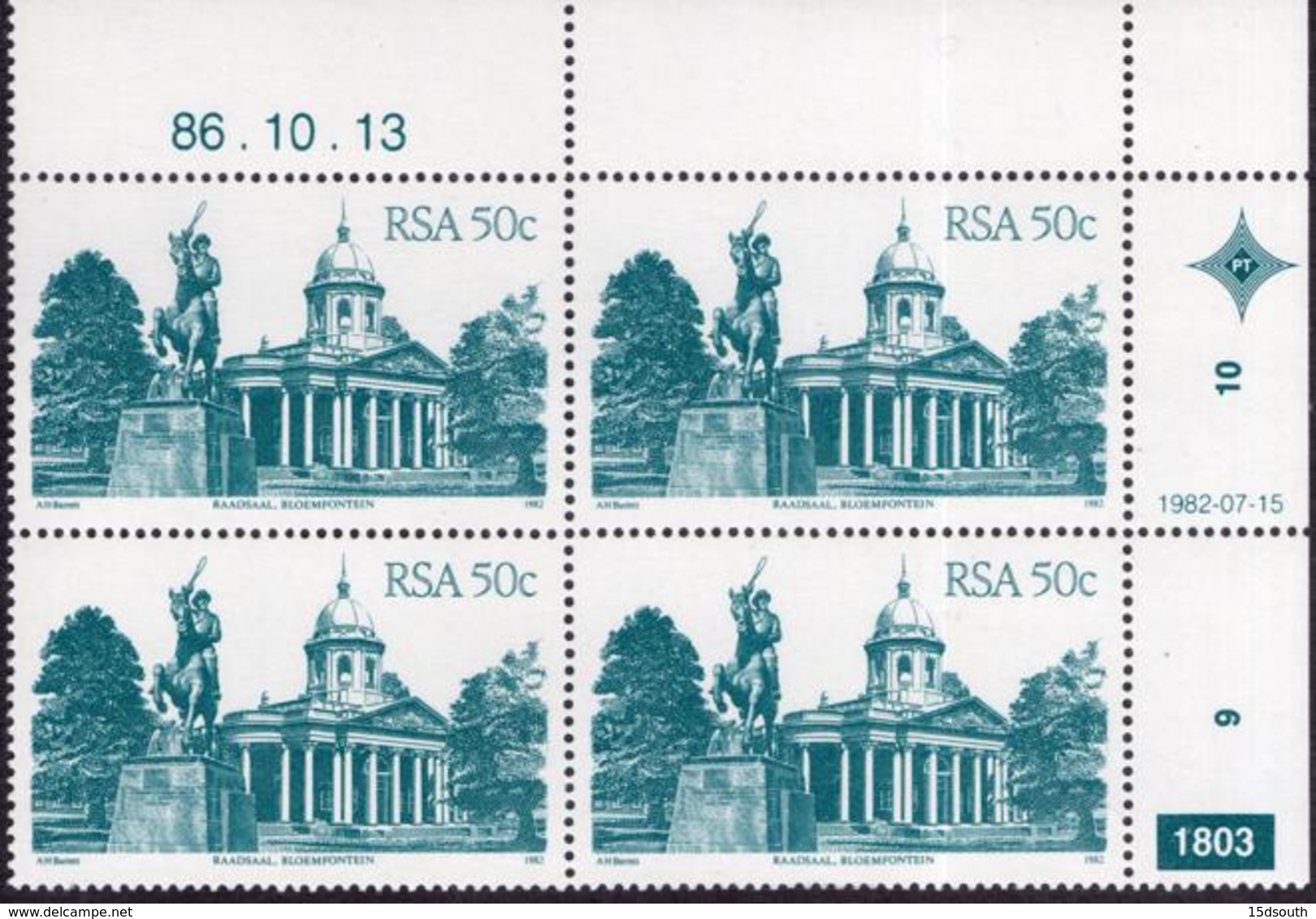 South Africa - 1982 Architecture Definitive 50c Control Block 1803 86.10.13 (**) # SG 525b - Hojas Bloque