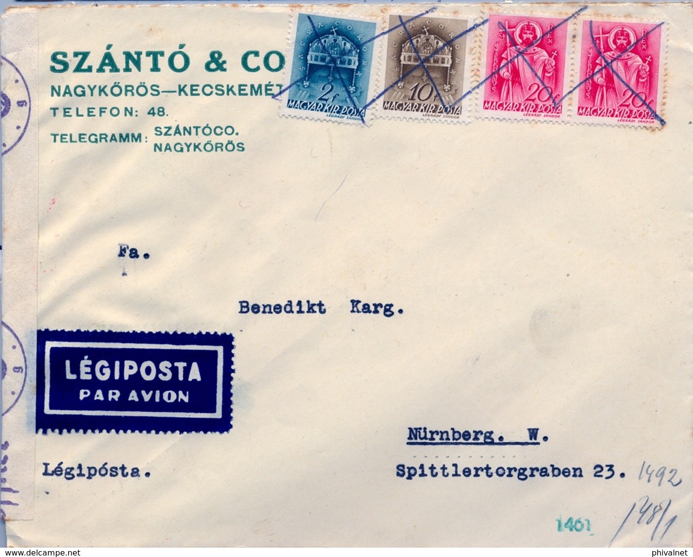 1941 HUNGRIA , SOBRE CIRCULADO POR CORREO AÉREO , CENSURA , KECSKEMÉT - NÜREMBERG - Cartas & Documentos