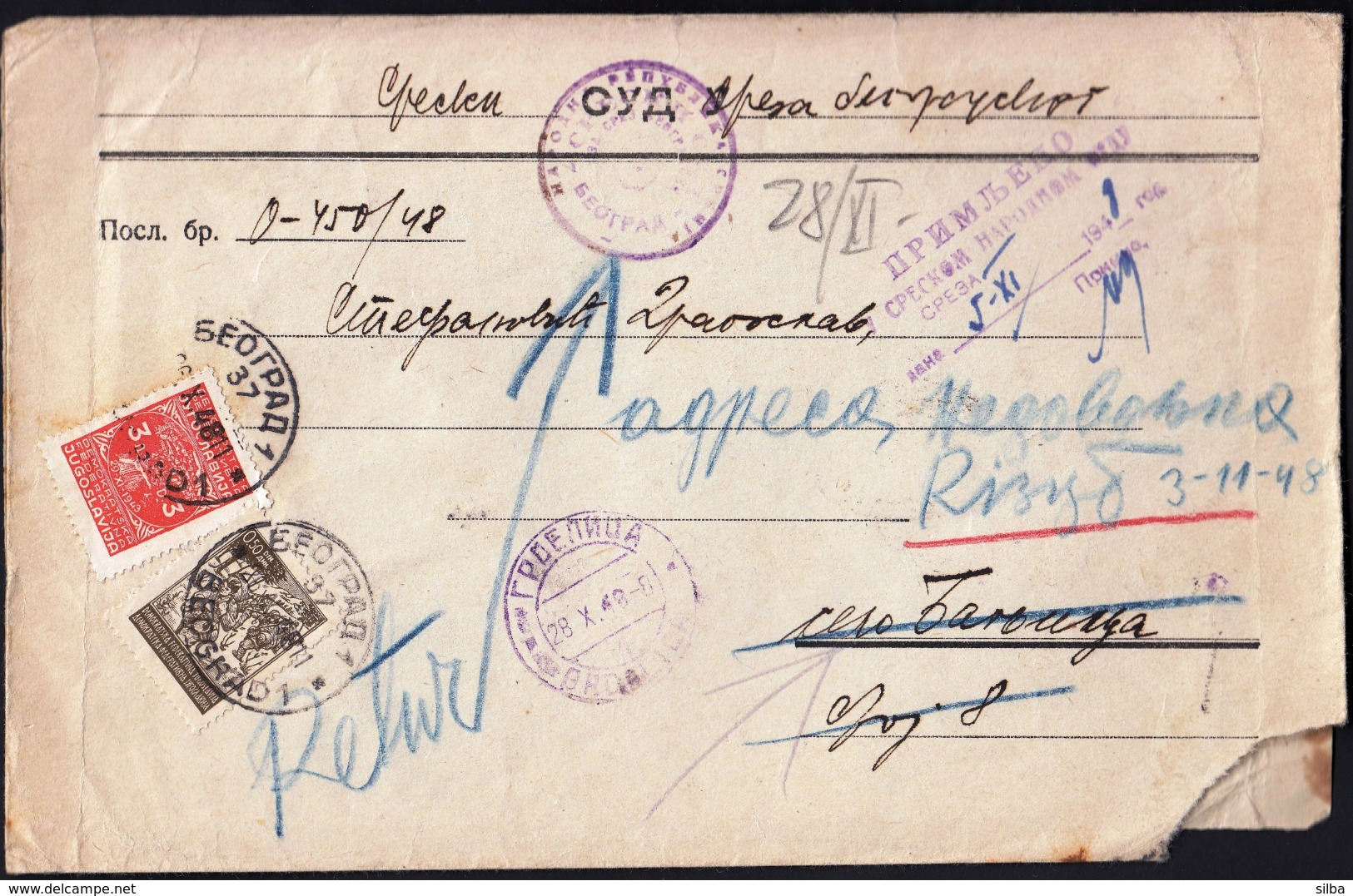 Yugoslavia Serbia Belgrade 1948 / Sreski Narodni Sud Sreza Beogradskog / District Court Of Belgrade - Lettres & Documents