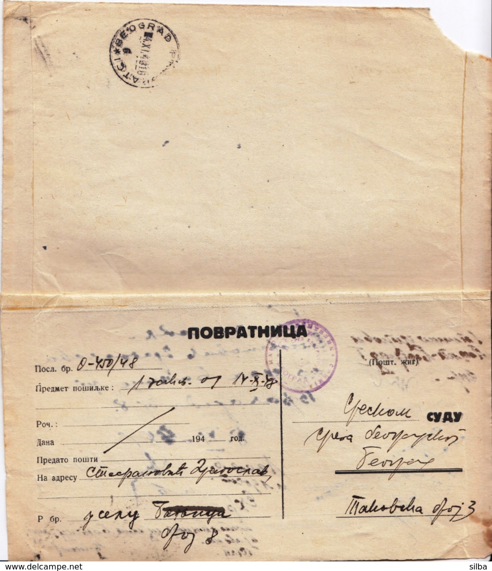 Yugoslavia Serbia Belgrade 1948 / Sreski Narodni Sud Sreza Beogradskog / District Court Of Belgrade - Lettres & Documents