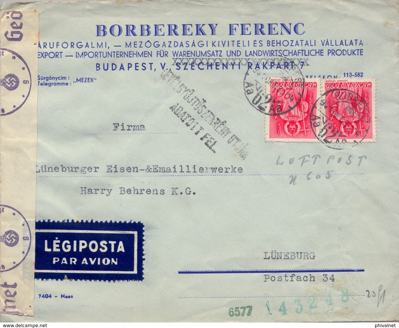 1941 HUNGRIA , SOBRE CIRCULADO POR CORREO AÉREO , CENSURA , BUDAPEST - NÜREMBERG - Cartas & Documentos