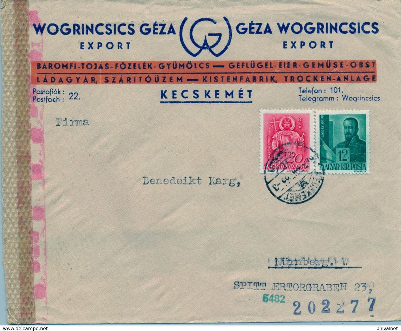 1941 HUNGRIA , SOBRE CIRCULADO  , CENSURA , KECSKEMÉT - NÜREMBERG - Cartas & Documentos