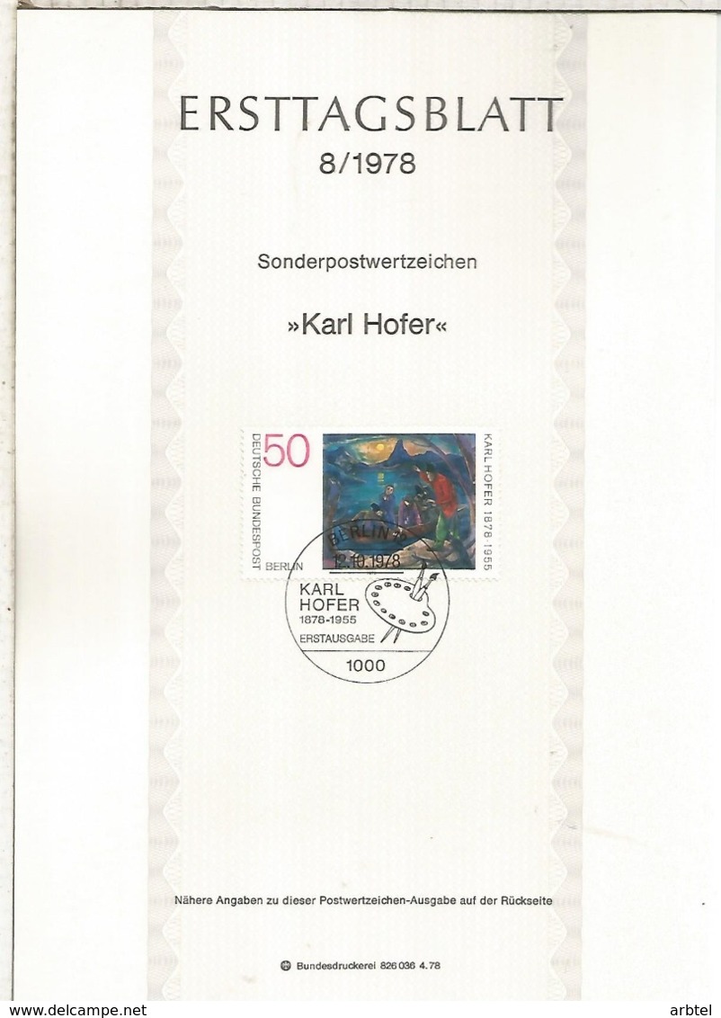 ALEMANIA DOCUMENTO PRIMER DIA FDC BERLIN KARL HOFER PINTURA - Moderne