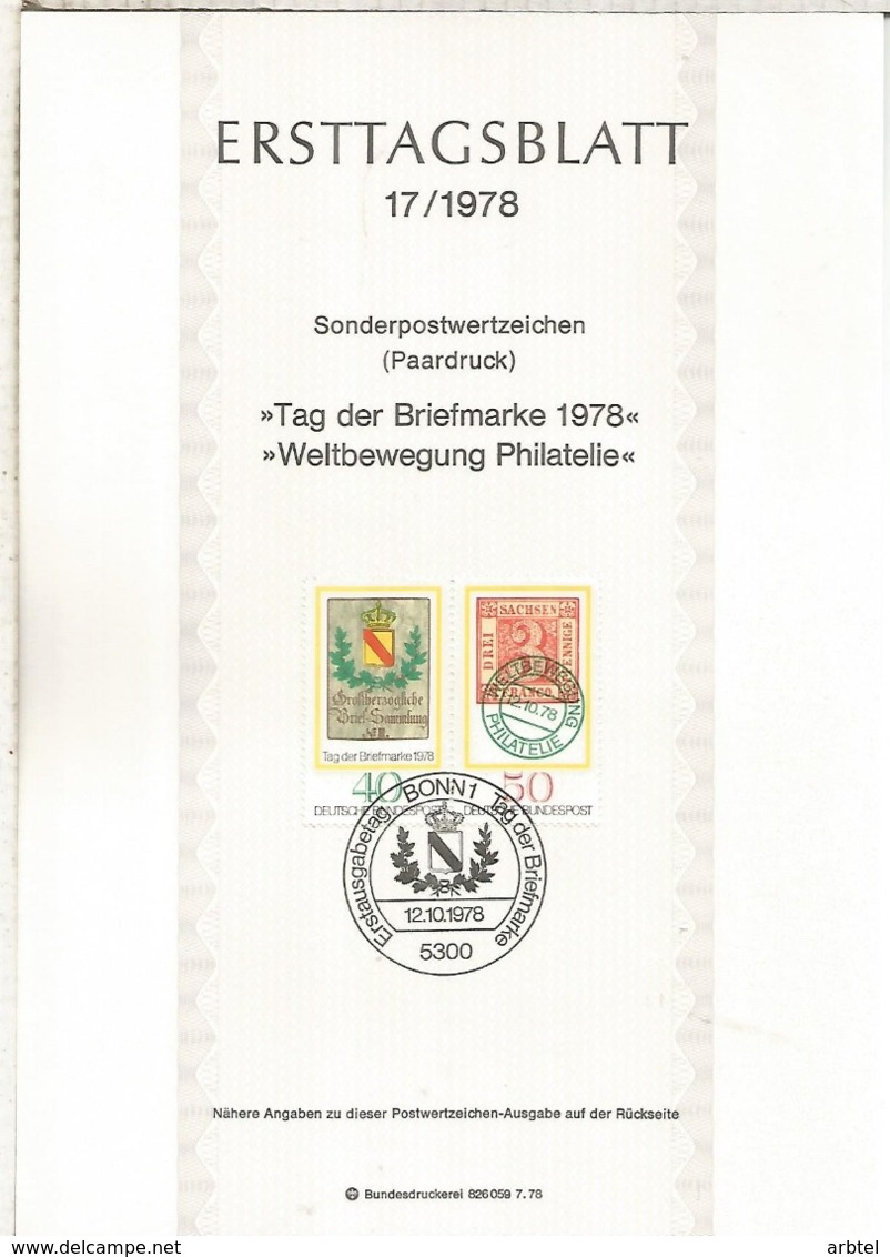 ALEMANIA DOCUMENTO PRIMER DIA FDC BONN DIA DEL SELLO STAMP DAY - Día Del Sello