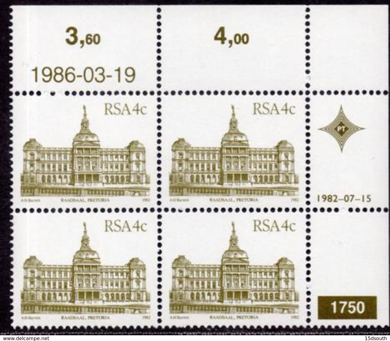 South Africa - 1982 Architecture Definitive 4c Control Block 1750 86.03.19 (**) # SG 514a - Hojas Bloque