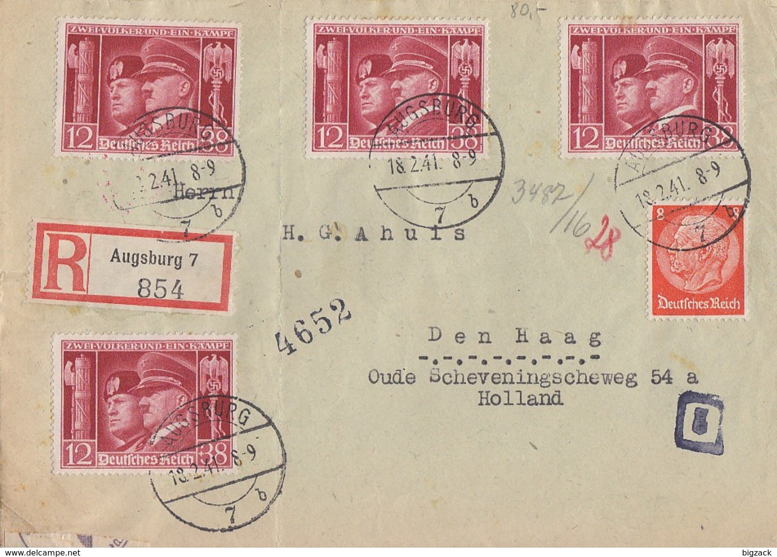 DR R-Brief Mif Minr.517,4x 763 Augsburg 18.2.41 Gel. Nach Holland Zensur - Briefe U. Dokumente