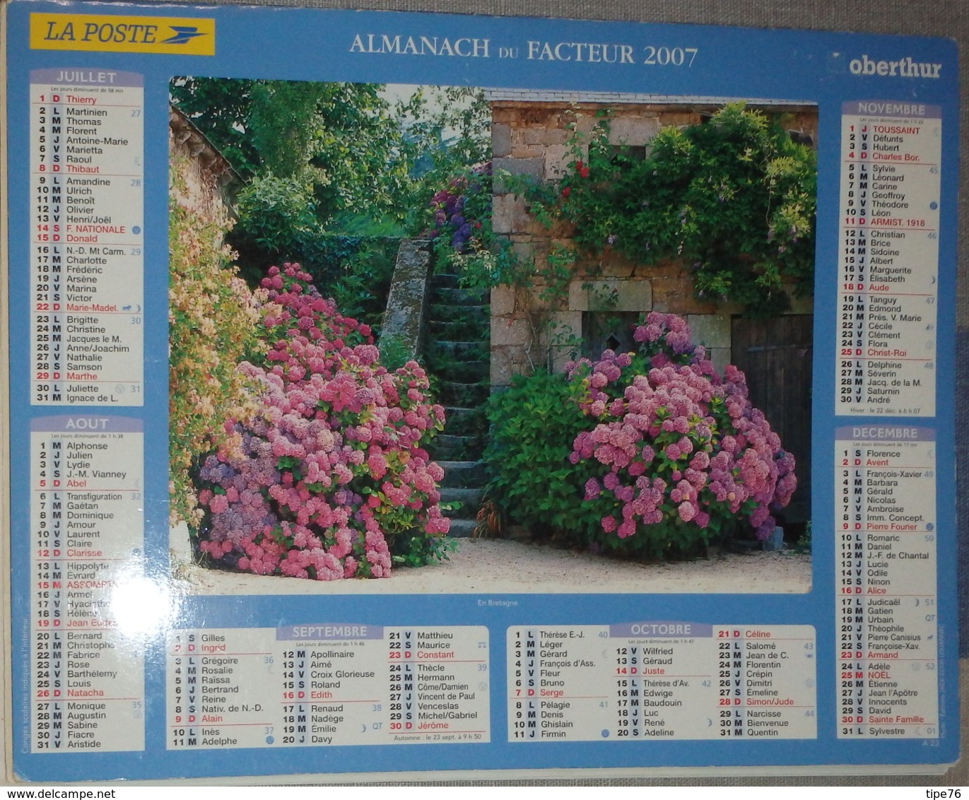 Calendrier  Du Facteur  La Poste  2007  Jardin Fleurs Arrosoir Hortensias Seine Maritime - Grand Format : 2001-...