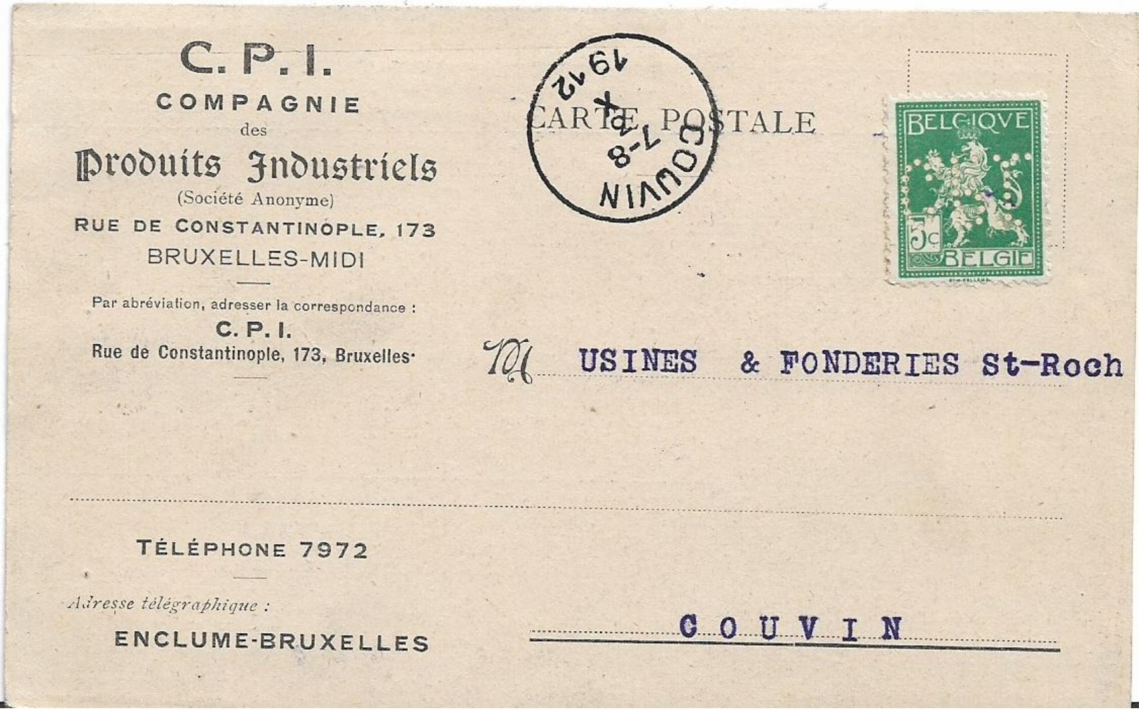 CP BRUXELLES COUVIN 1912 TIMBRE PERFORE Cpi - 1909-34