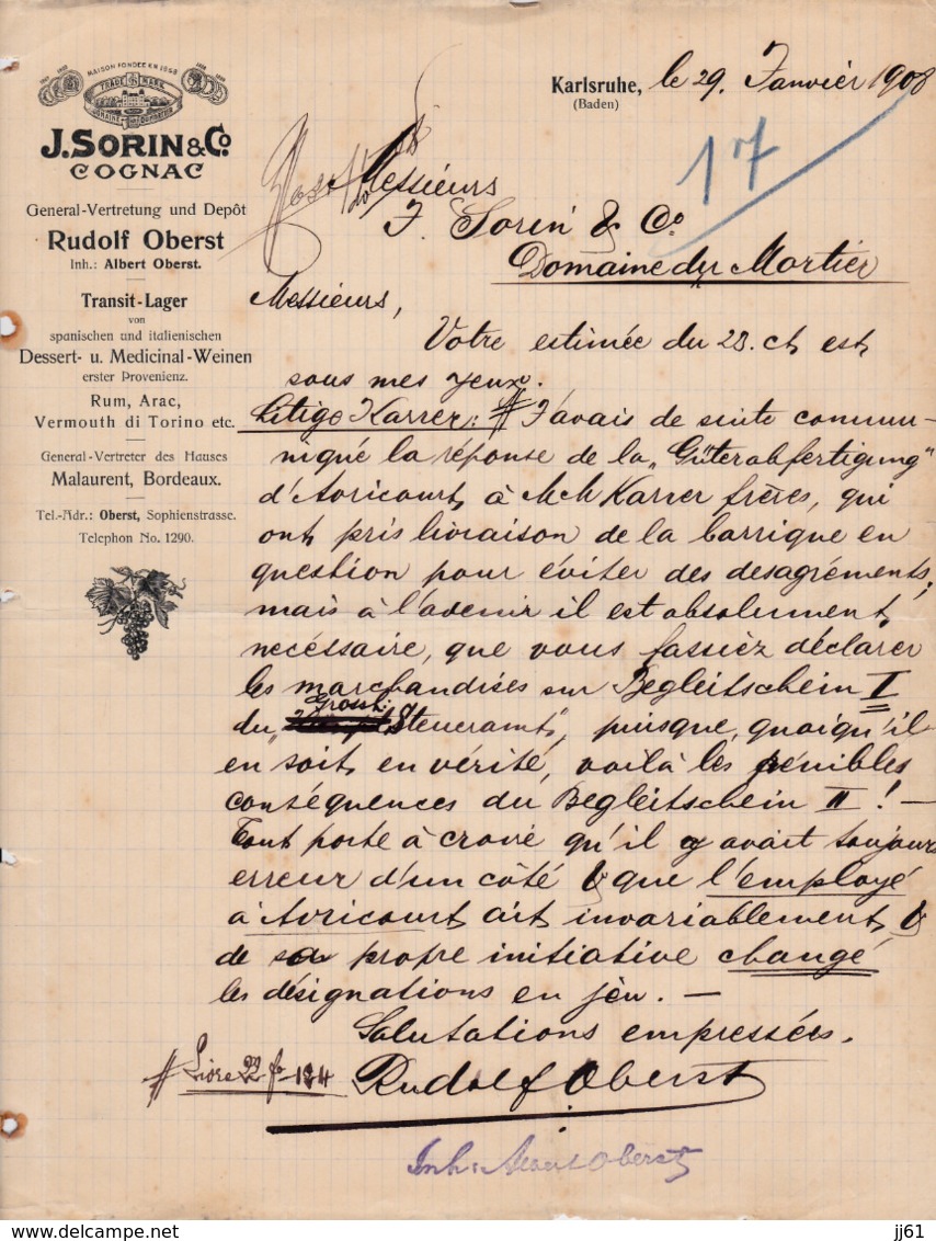 KARLSRUHE J SORIN CGNAC RUDOLF OBERST RUM ARAC VERMOUTH DI TORINO MALAURENT BORDEAUX ANNEE 1908 - Other & Unclassified