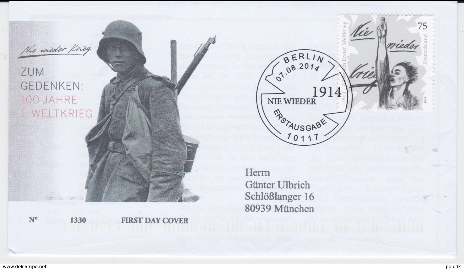 Germany FDC 2014 100 Jahre 1. Weltkrieg  (EB1-54) - Militaria
