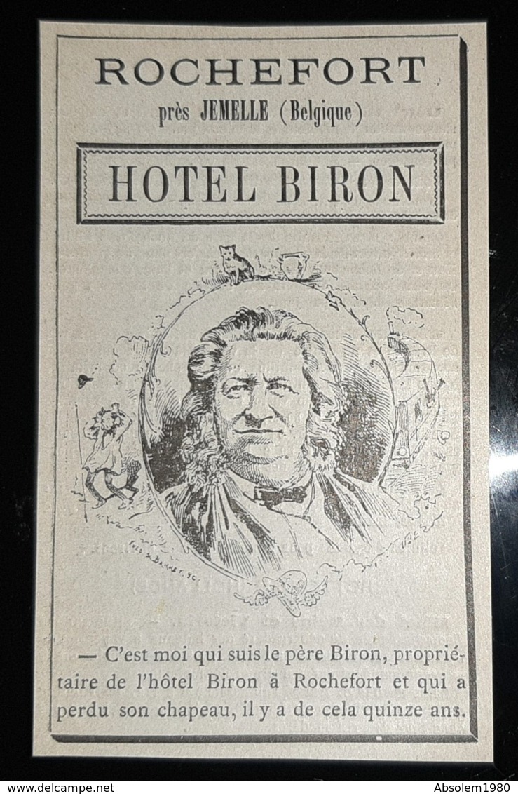 1900 ROCHEFORT PRES JEMELLE HOTEL BIRON PERDU MON CHAPEAU PUBLICITE ANCIENNE BELGIQUE HOTELLERIE - Pubblicitari