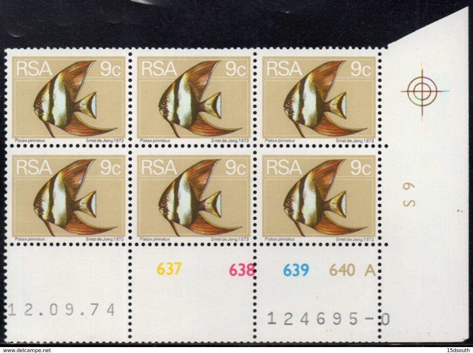 South Africa - 1974 2nd Definitive 9c Angel Fish Control Block (1974.09.12) Pane A (**) # SG 355 - Blocs-feuillets
