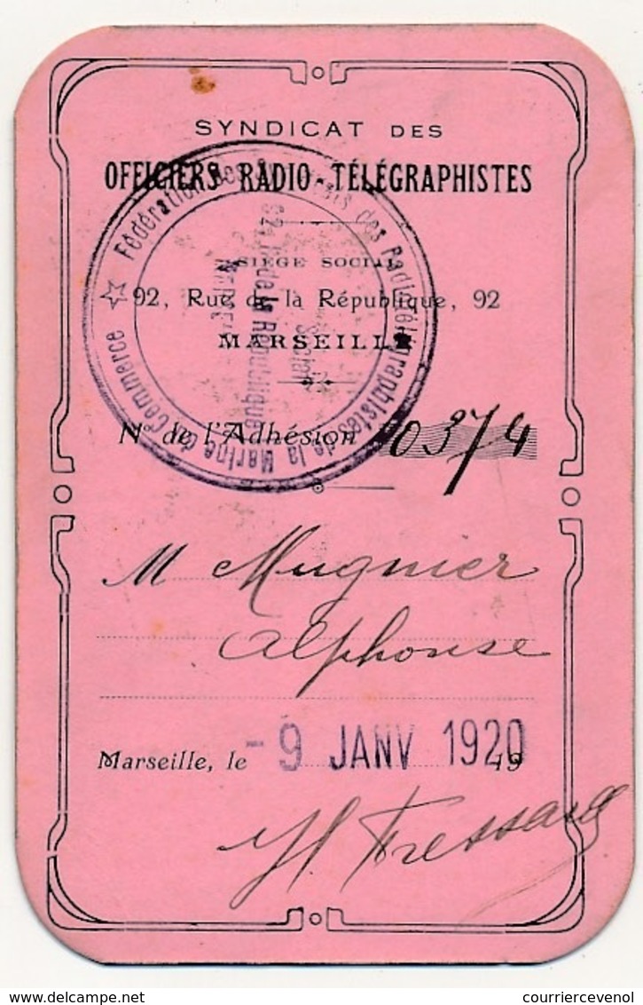 Carte D'adhésion - Syndicat Des Officiers Radio-Télégraphistes - Marseille, Janvier 1920 - Documents Historiques