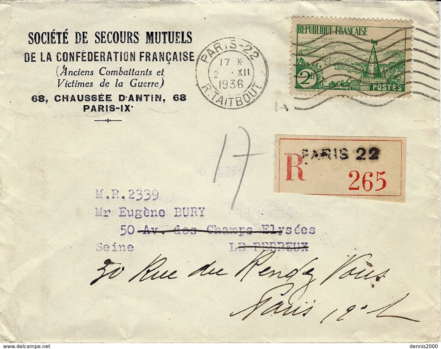 1936- Enveloppe RECC. De Paris-22 Affr.  N°311 SEUL - 1921-1960: Modern Period