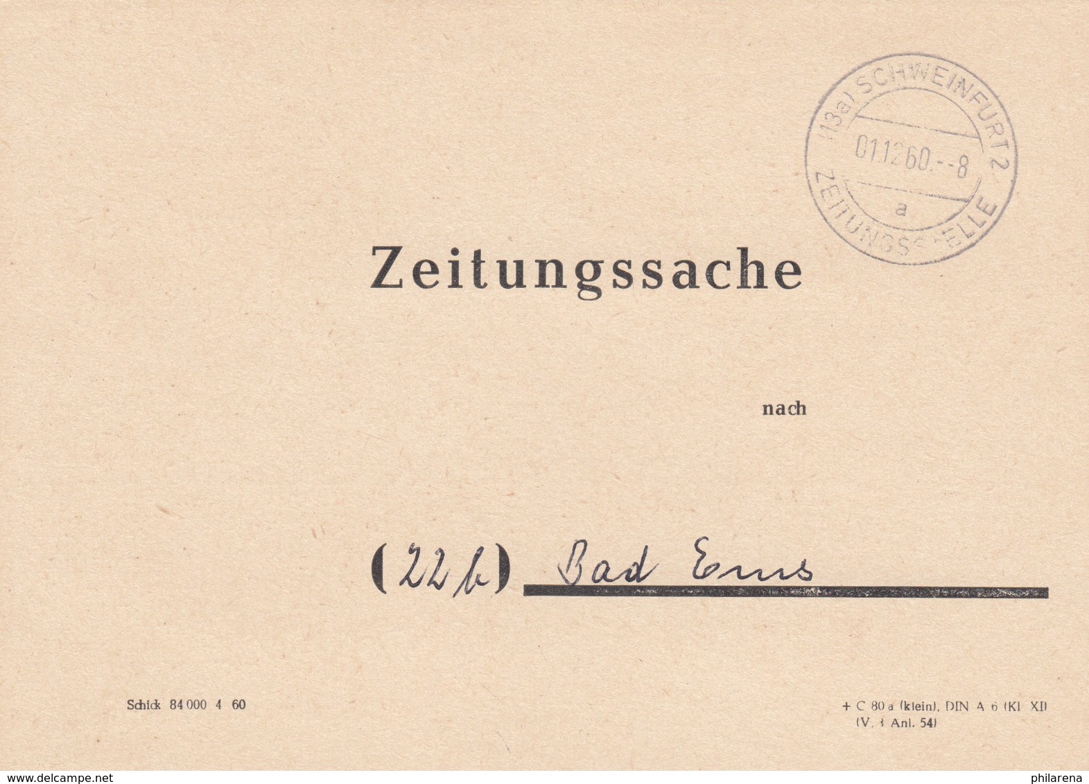 Zeitungssache 1960 Von Schweinfurt Nach Bad Ems - Autres & Non Classés