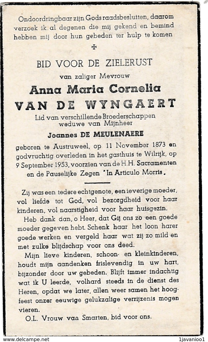 Austruweel, Wilrijk, 1953, Anna Van De Wyngaert, De Meulenaere - Devotieprenten