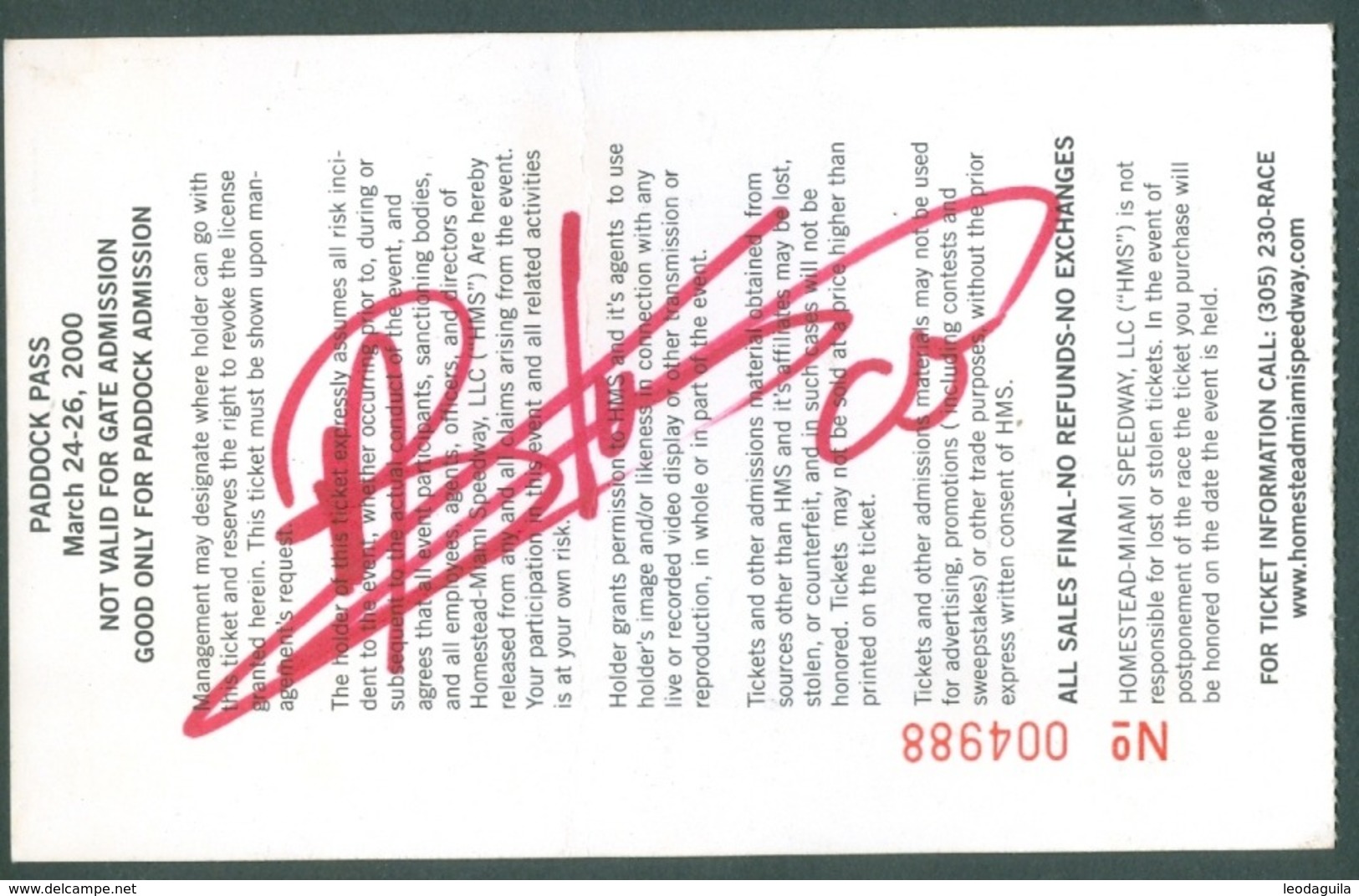 CART RACING  -  HOMESTEAD-MIAMI 2000 - MARK BLUNDELL   AUTOGRAPH ON  PADDOCK PASS  ADMITTANCE TICKET  YEAR 2000 - Autographes