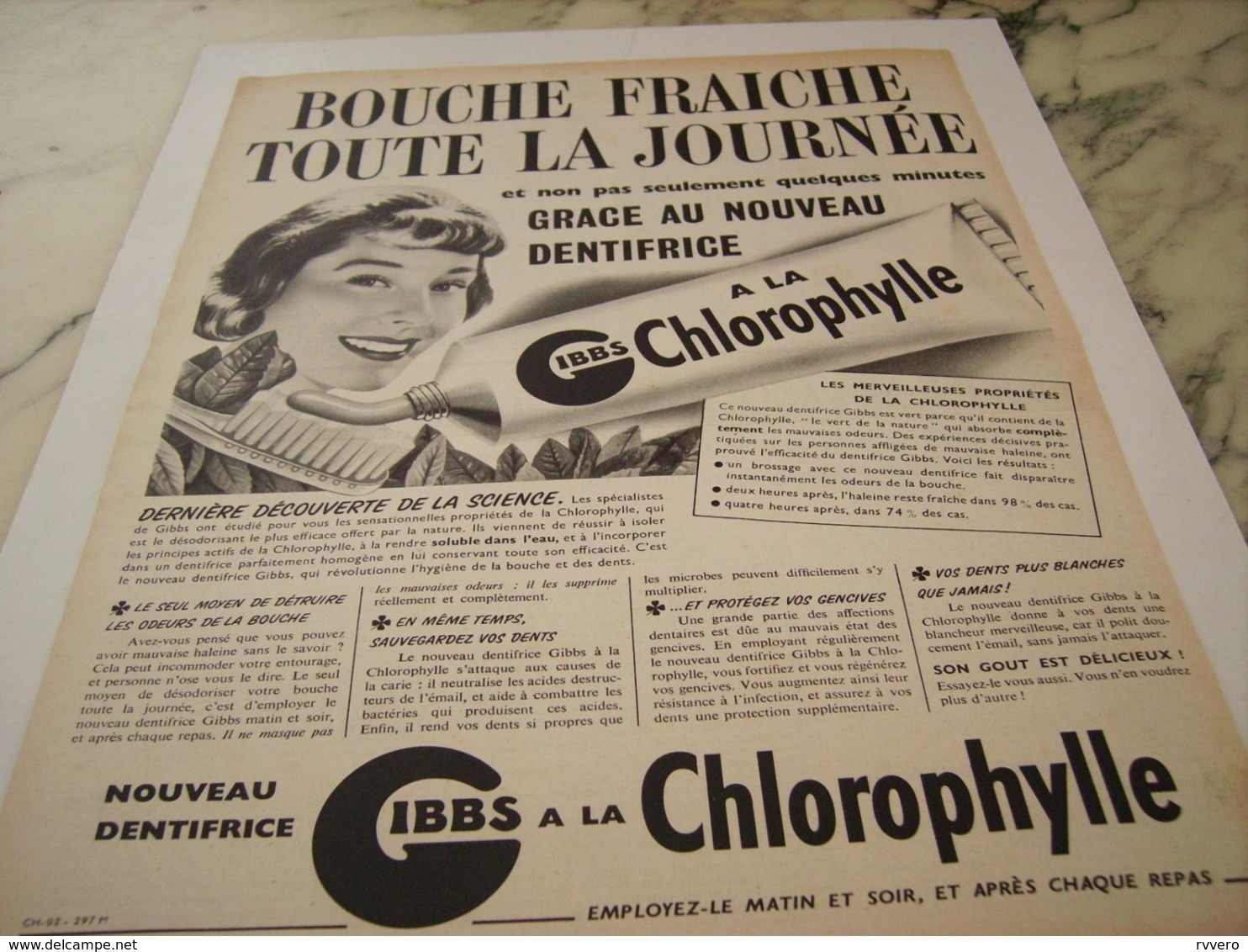 ANCIENNE PUBLICITE DENTIFRICE A LA CHLOROPHYLLE GIBBS  1952 - Otros & Sin Clasificación