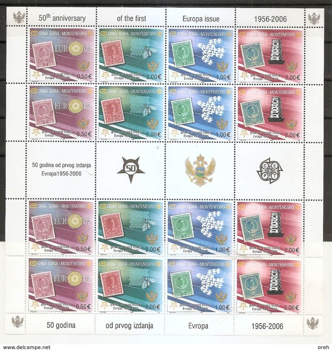 MONTENEGRO 2006,50 YEARS OF EUROPA CEPT STAMPS,SHEET,VIGNETTE,,STAMP ON STAMP,COAT OF ARMS,FAUNA,,MNH - 2006