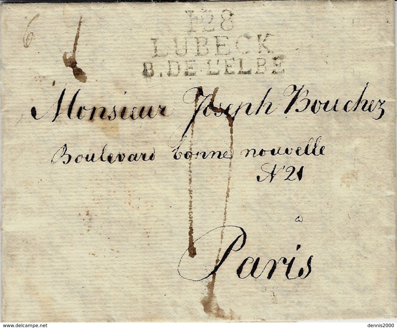 1813- Letter From 128 / LUBECK / B. DE L'ELBE - 37 Mm Black To Paris - Préphilatélie