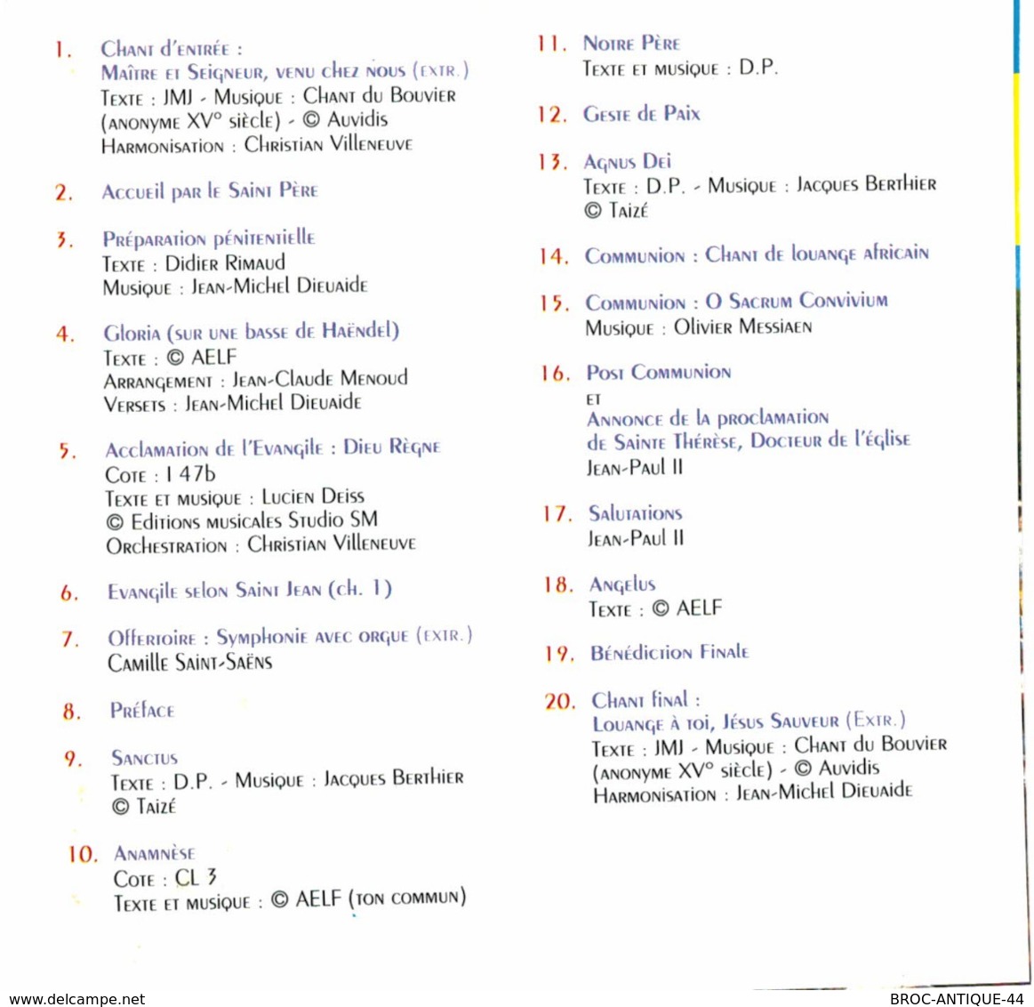 CD N°2843 - MESSE PONTIFICALE A LONGCHAMP LE 24 AOUT 1997 PAR JEAN-PAUL II - COMPILATION 20 TITRES - Canti Gospel E Religiosi