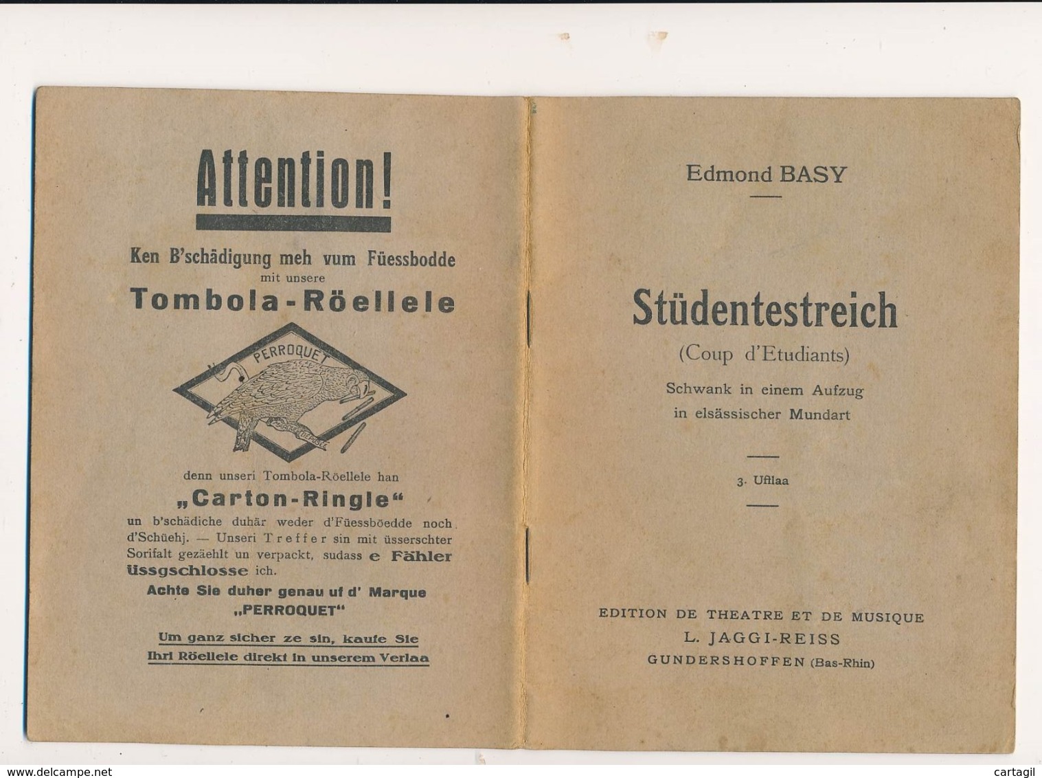 VP - B3725 -67-Gundershoffen - Programme Théatre (détails, état...=2 Scans) -Envoi Gratuit - Programas