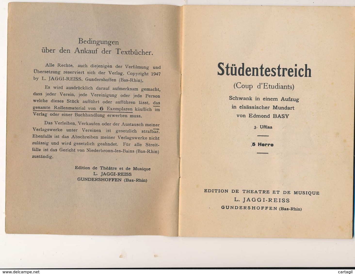 VP - B3725 -67-Gundershoffen - Programme Théatre (détails, état...=2 Scans) -Envoi Gratuit - Programas