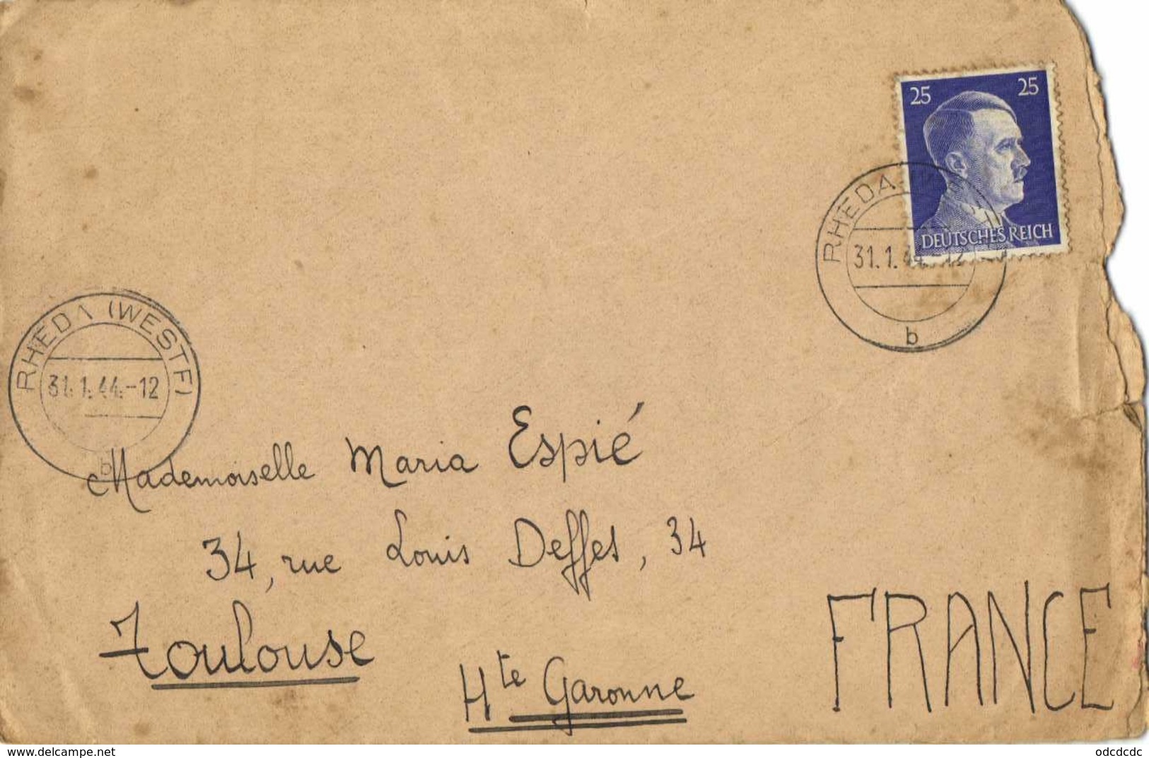 Lettre Timbre 25 Fuhrer Cachet RHEDA (WEST)  Vers Toulouse RV - Lettres & Documents