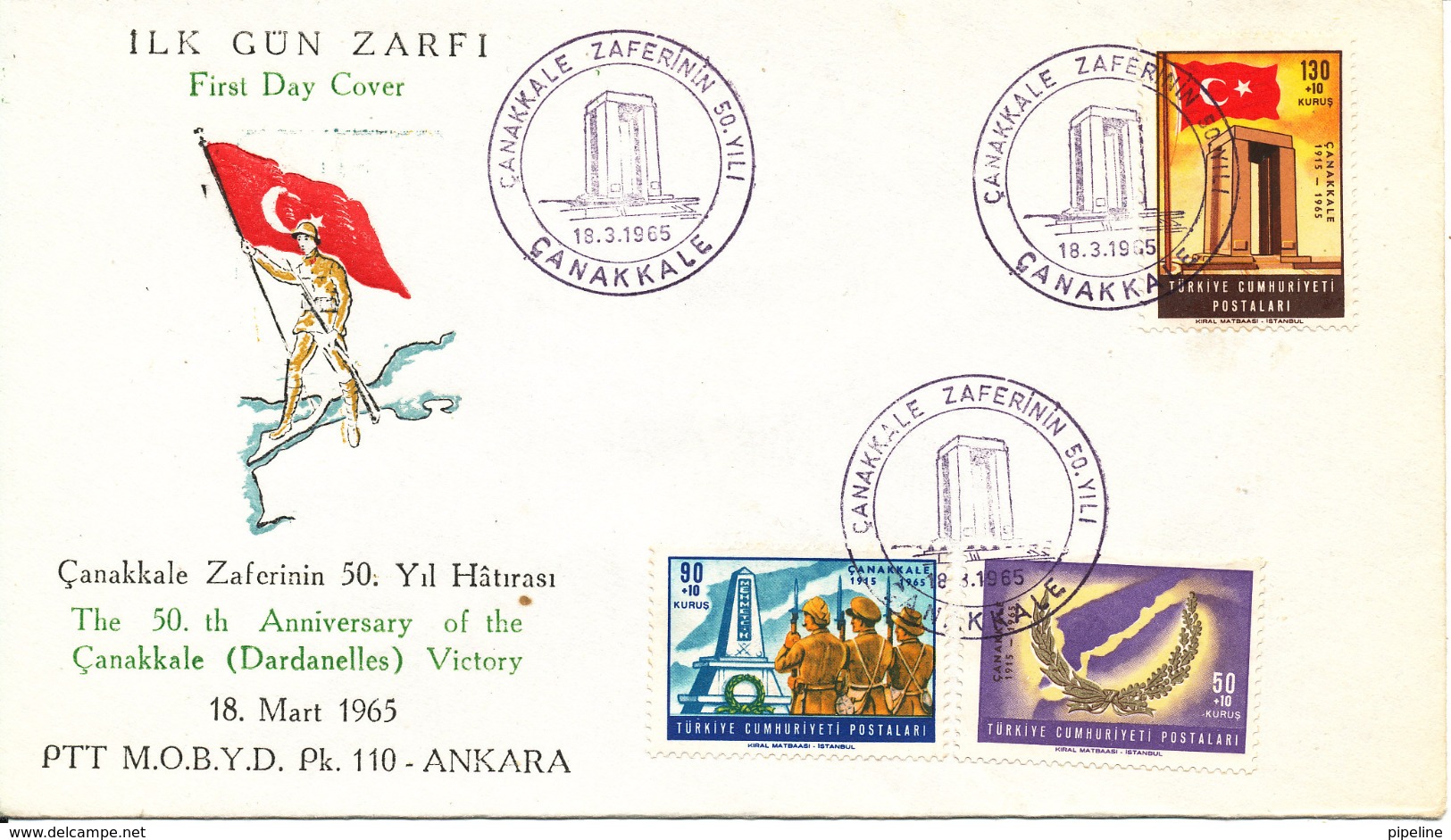 Turkey FDC 18-3-1965 The 50th Anniversary Of The Canakkale (Dardanenelles) Victory Complete Set Of 3 With Cachet - FDC