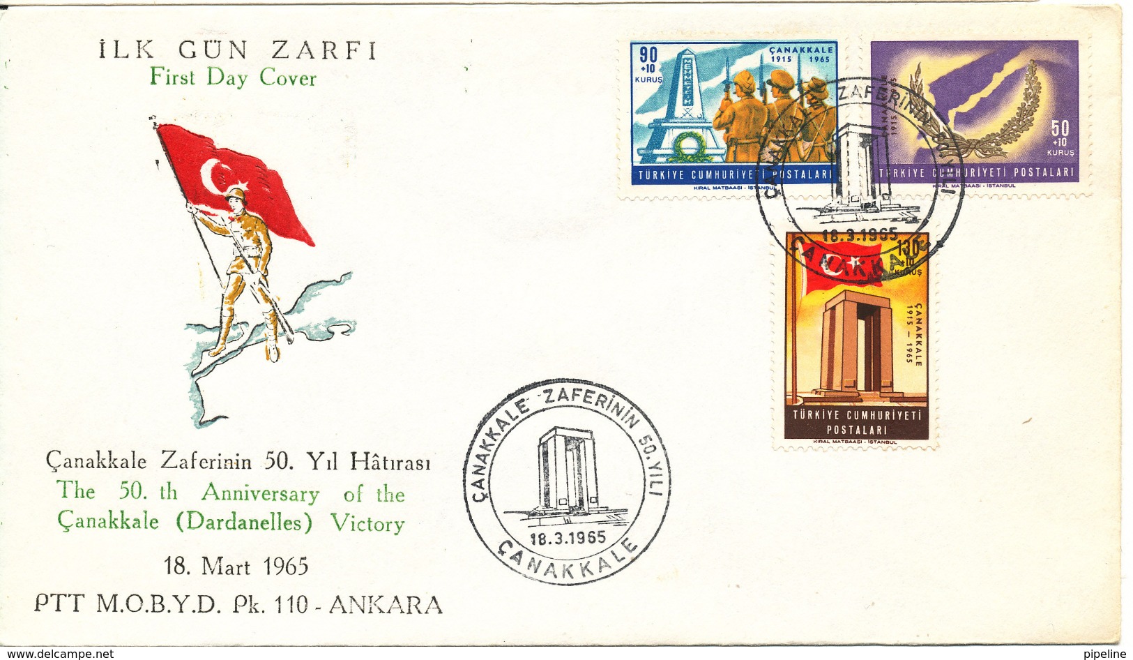 Turkey FDC 18-3-1965 The 50th Anniversary Of The Canakkale (Dardanenelles) Victory Complete Set Of 3 With Cachet - FDC