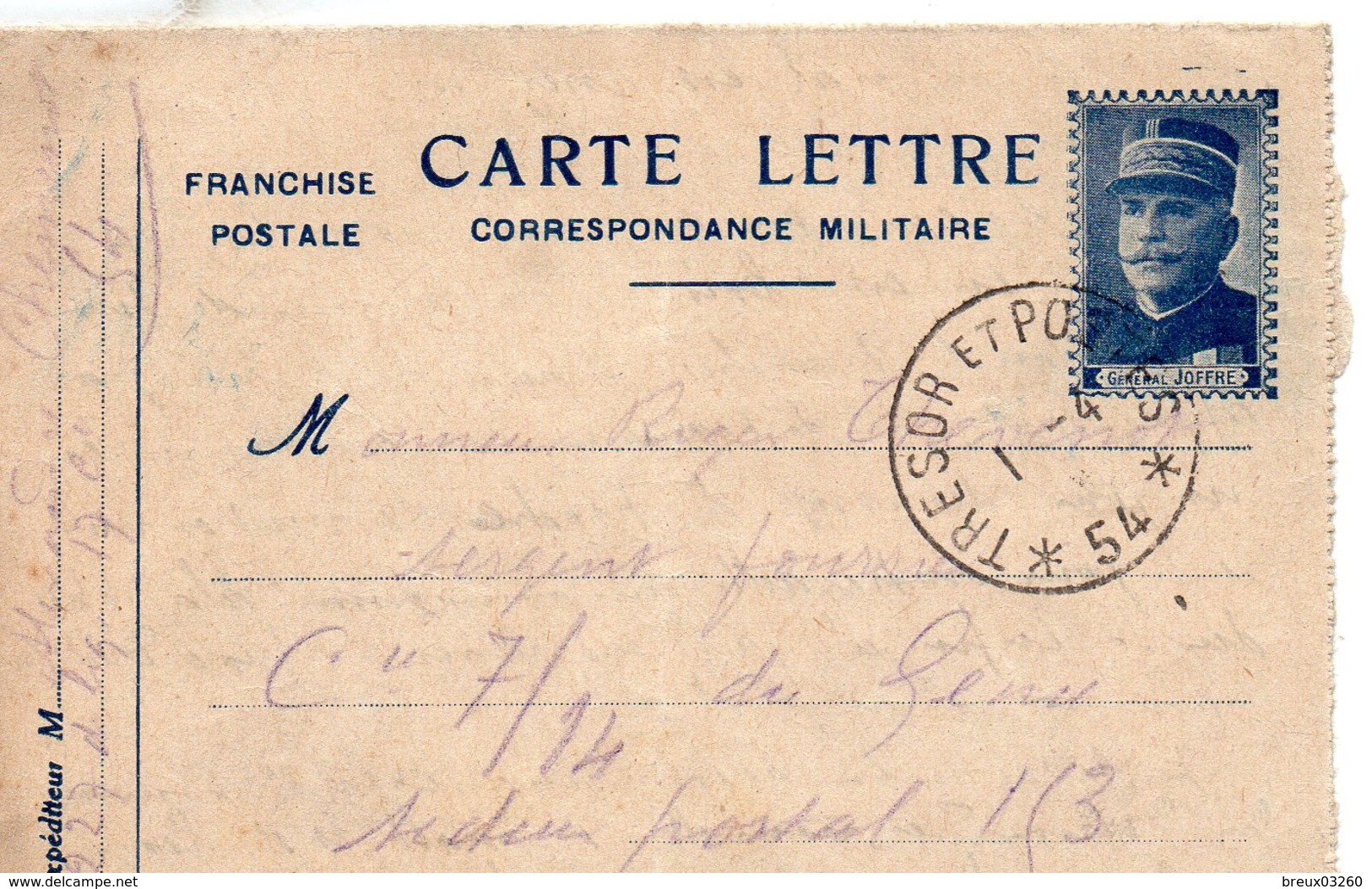 L- Correspondance Militaire -  Simili- Timbre " Joffre "- T Et P *54*- - Guerra Del 1914-18