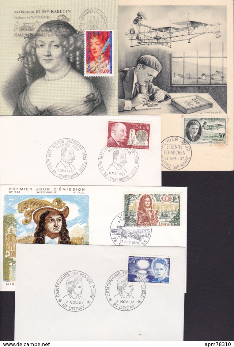 France		Xx		Lot FDC Oemichen Sévigné Grignard Louis XIV Curie - Non Classificati