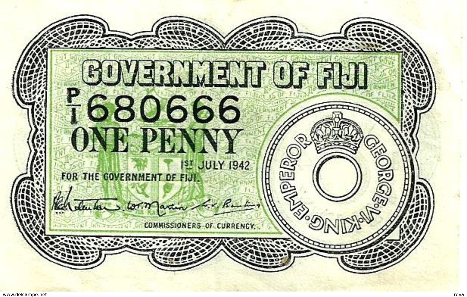 FIJI 1 PENNY GREEN COIN WITH KGVI NAME FRONT MOTIF COIN BACK DATED 01-07-1942 UNC P.39a READ DESCRIPTION!! - Fiji