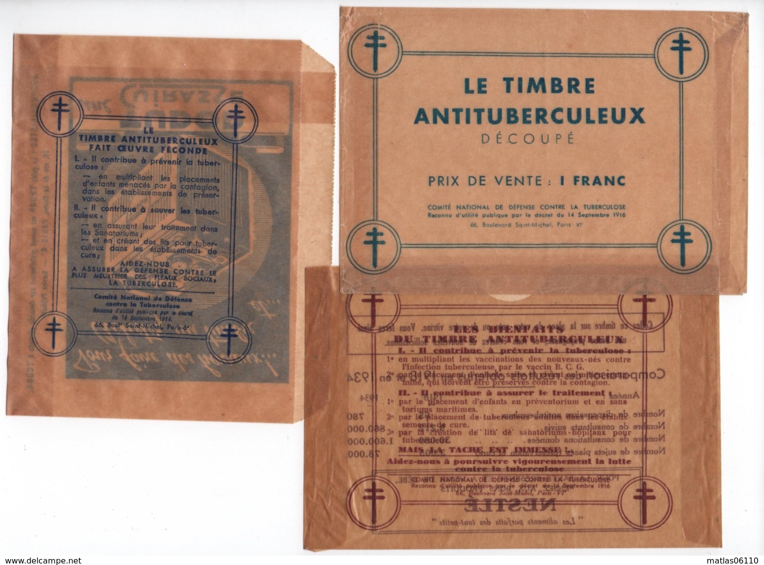 -Timbres Contre La Tuberculose -3 Timbres  Grand Format 15 X 10.5 Cms (1934 -10 Et 50 Frs -1939 -5 Frs- Voir Détail - - Antitubercolosi