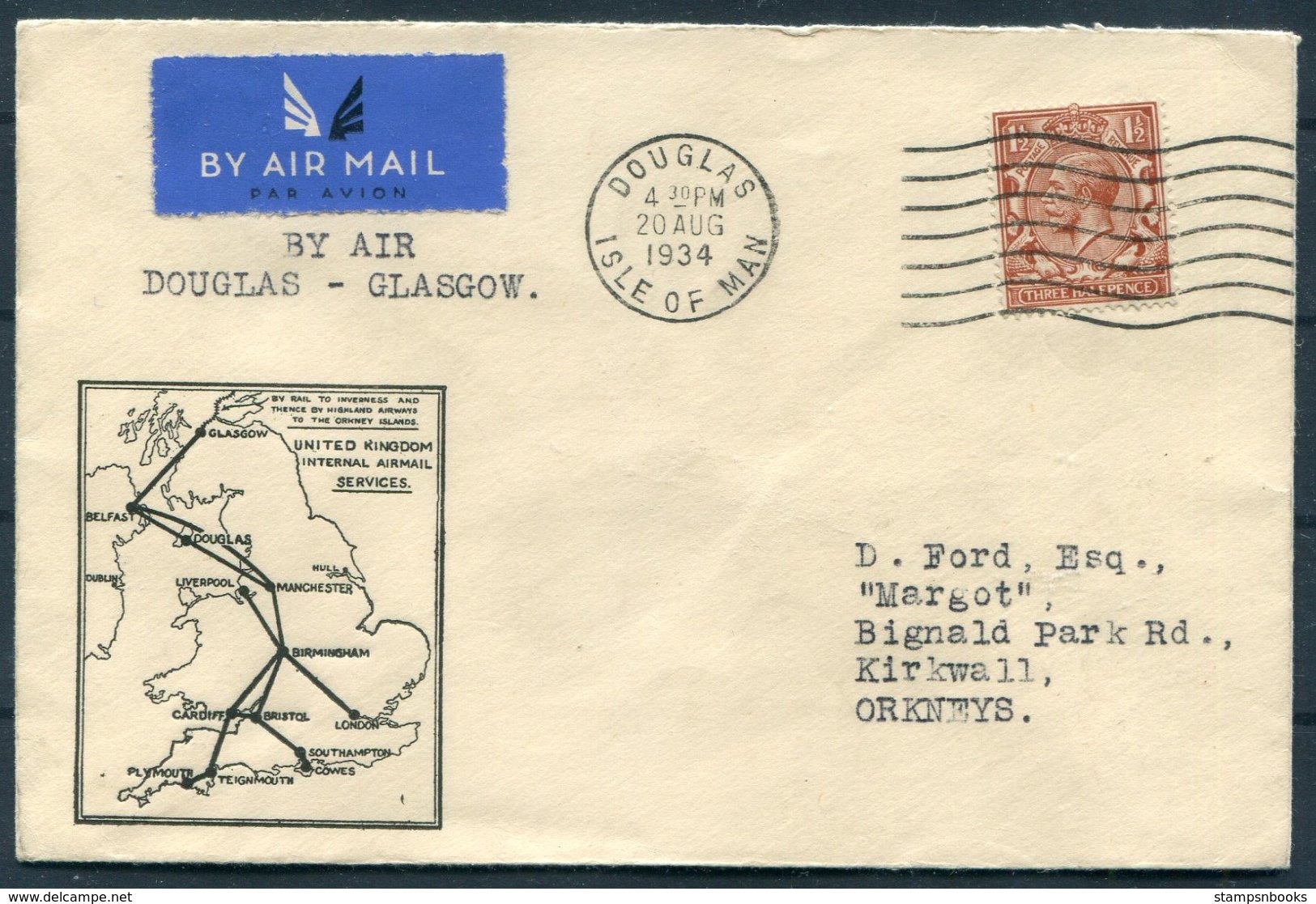 1934 Douglas, Isle Of Man, Railway Air Services First Flight Cover - Glasgow / Kirkwall - Isle Of Man