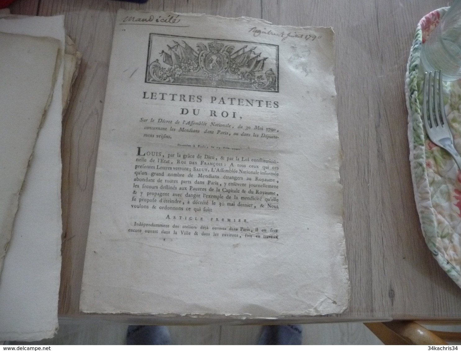 Lettres Patentes Du Loi 13/06/1790 Mendiants Dans Paris Et Départements Voisins 4 P Autographes - Décrets & Lois