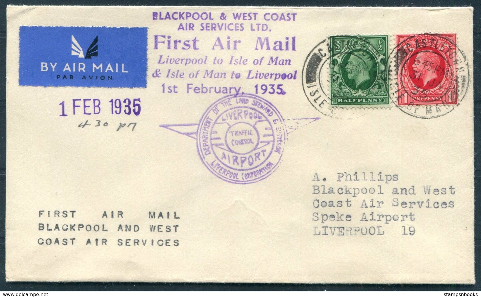 1935 Isle Of Man, Blackpool & West Coast Air Services First Flight Cover Castletown - Liverpool - Isle Of Man