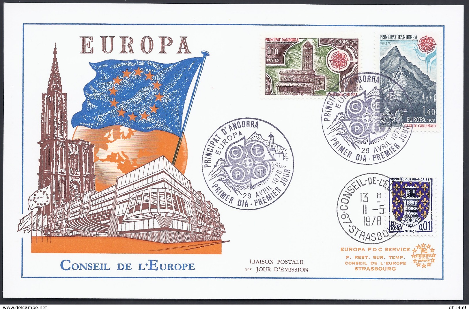 1978 ANDORRE FRANCAIS EUROPA CEPT CONSEIL DE L'EUROPE  FDC CARTE COUNCIL EUROPE - Storia Postale