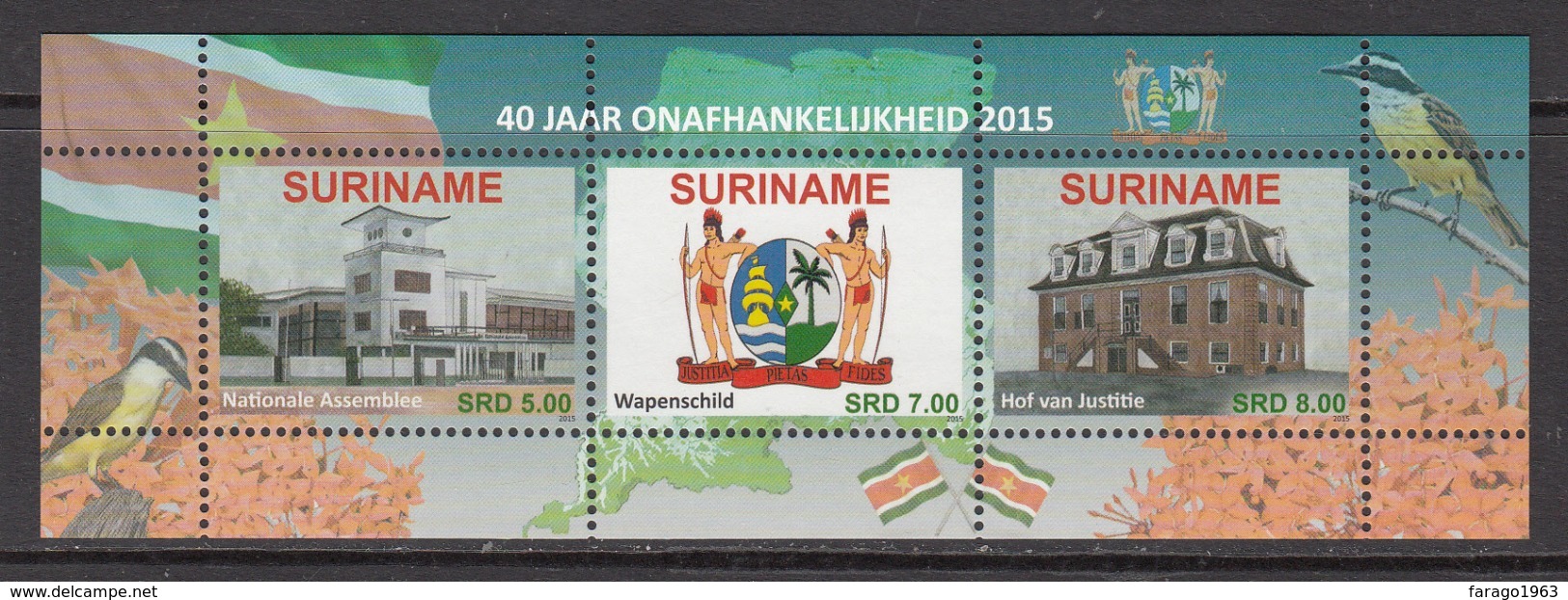 2015 Surinam Suriname Independence Coat Of Arms Architecture  Complete Sheet Of 3 MNH - Suriname