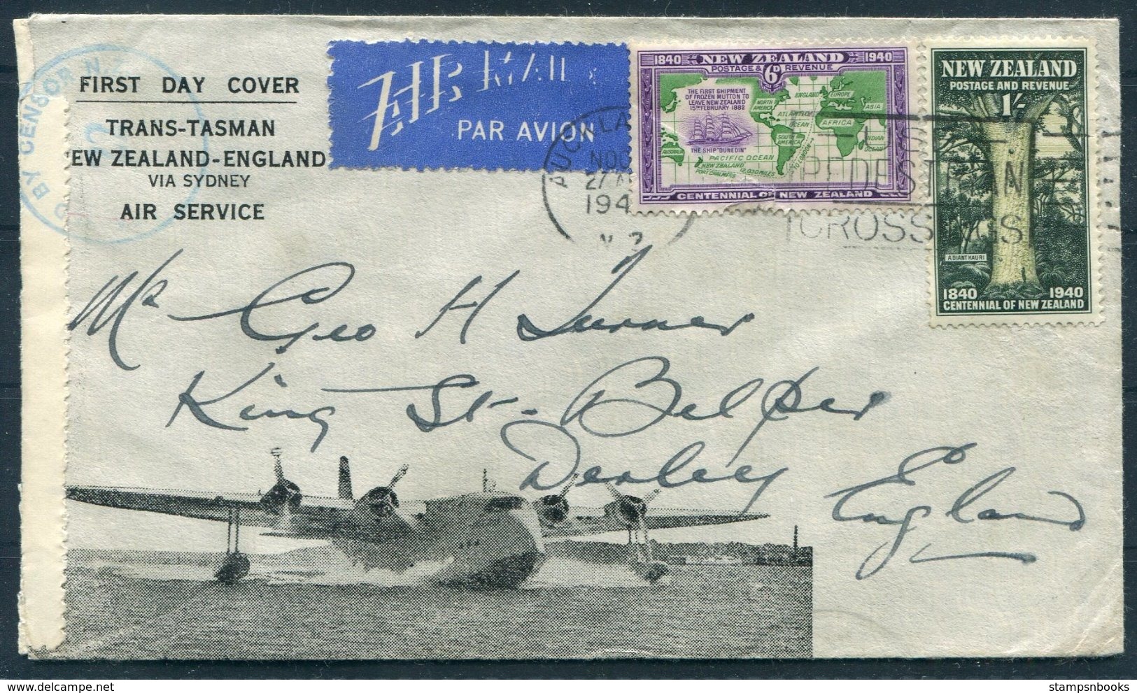 1940 New Zealand - England Via Sydney Trans-Tasman First Flight Cover - Airmail