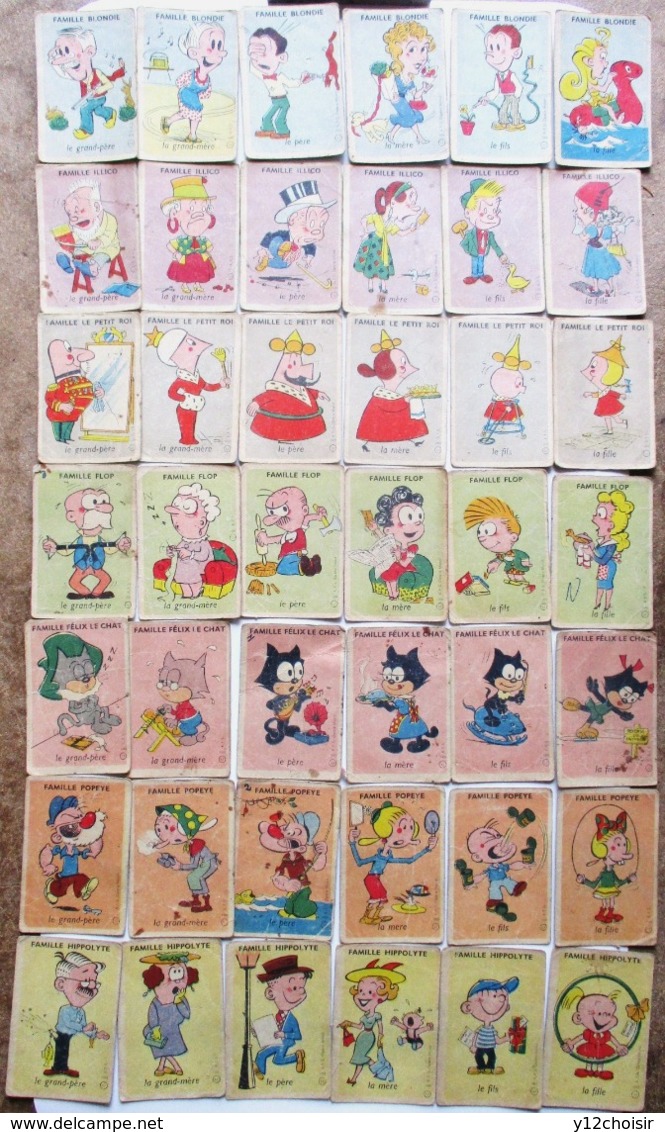 ANCIEN JEU 42 CARTES 7 SEPT FAMILLES POPEYE HIPPOLYTE FELIX LE CHAT LE PETIT ROI BLONDIE ILLICO FLOP