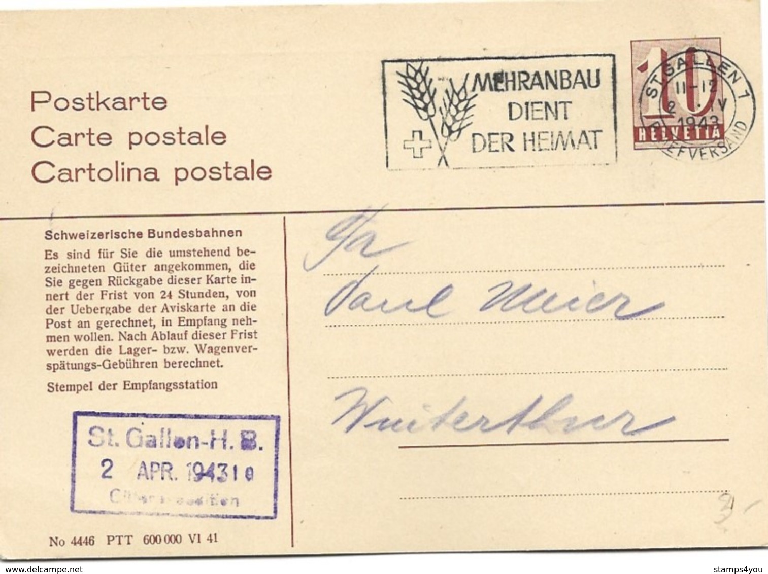 231 - 81 - Entier Postal  Chemin De Fer - Oblit Mécanique 1943 St Gallen - Enteros Postales