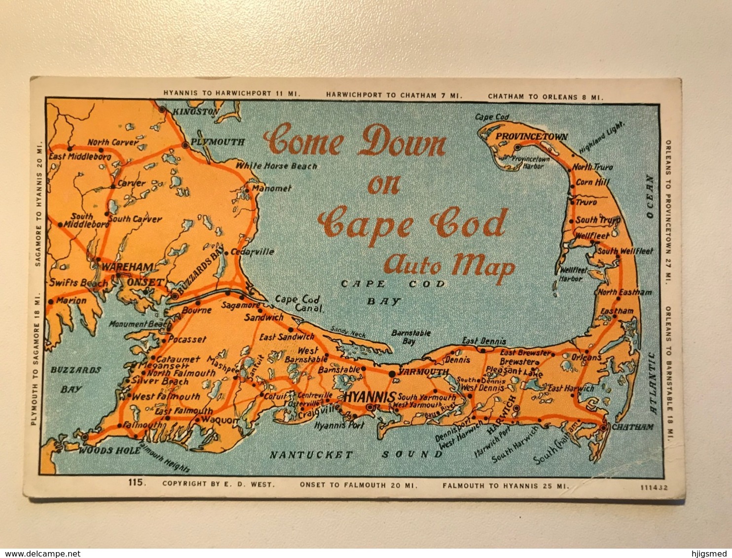 USA United States Of America Cape Cod Massachusetts Auto Map Karte E. D. West 11711 Post Card Postkarte POSTCARD - Cape Cod