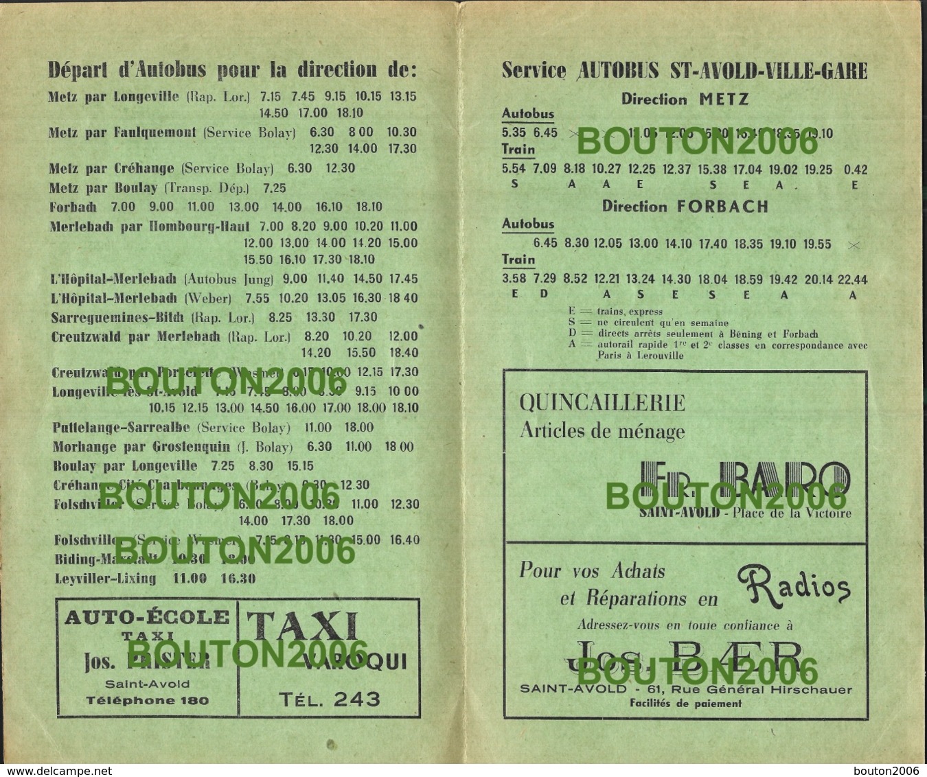 Saint Avold 1949 Horaire Des Autobus Train Vers Boulay Merlebach Creutzwald Morhange Créhange Folschviller Metz Forbach - Saint-Avold