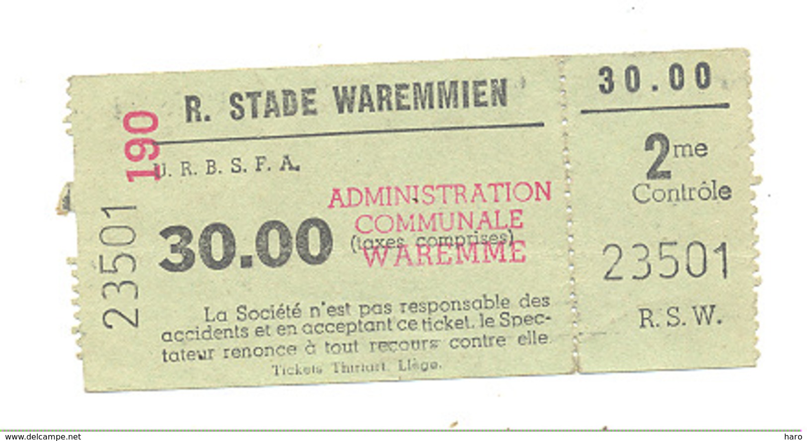 Tocket D'entrée Au Royal Stade Waremmien - WAREMME (b268) - Toegangskaarten